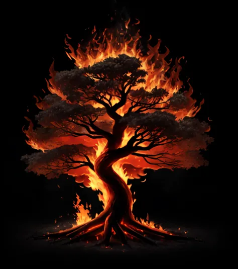 Arafed tree with fire in the dark with a black background, the tree of life, completamente composto por fogo, burning trees, corpo de fogo puro, (fire), fantasy tree, fires!! hiper-realista, Tree of Life, tree of life seed of doubt, uma floresta flamejante...