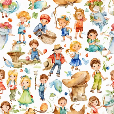 little boy and little girl cartoon cute characters, characters sheet, children book