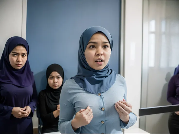 mira filzah standing angrily  in crowded meeting room angry, both hand on desk, bend down,  angry pose, angry face, meeting room, morning, (mira filzah:1.3), wearing hijab, pastel color hijab, blue pastel office outfit, blue suits, small tits, small breast...