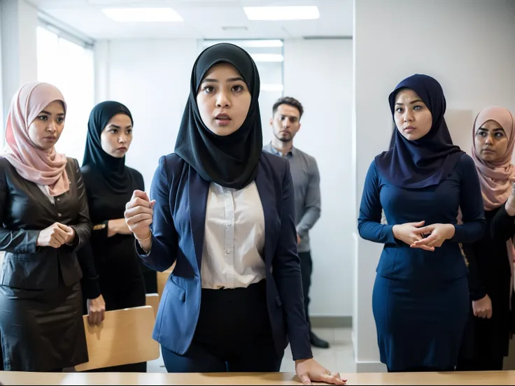 mira filzah standing angrily  in crowded meeting room angry, both hand on desk, bend down,  angry pose, angry face, meeting room, morning, (mira filzah:1.3), wearing hijab, pastel color hijab, blue pastel office outfit, blue suits, small tits, small breast...