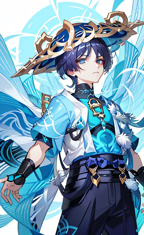 Anime characters with blue hair and blue hats holding swords, A wanderer from Genshin Impact, Genshin impacts character,, Genshin, Genshin Impact style, Tall anime guy with blue eyes，Grand background