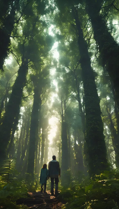 "afared people seen from behind in a lush forest:1.2, frontal lighting:1.2, dynamic low-angle view:1.2, high level of detail:1.2"