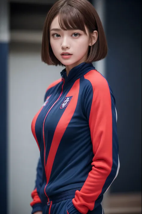 the Extremely Detailed CG Unity 8K Wallpapers、top-quality、ultra-detailliert、​masterpiece、studio shoot、Full body portrait、(Red and navy blue multi-colored tracksuit:1.4), realisitic、Behind the photo、(large full breasts:1.4)、realisitic、Photo Real、extremely d...