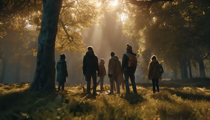 a group of people standing seen from behind in a clearing with trees around, light from the right, dynamic angled view, high detail, photorealistic, cinematic, depth of field.