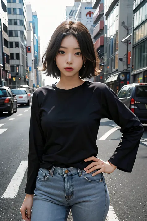 (​masterpiece、top-quality、top-quality、raw、A hyper-realistic)、Urban cityscape、Shibuya cityscape、a handsome、twinks、(((A cute Japanese woman)))、A slender、(((Please wear a plain black long-sleeved T-shirt all over your body)))、((whole body visible))、(Stand up ...