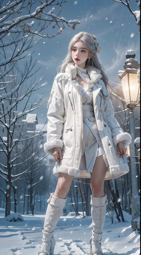 photorealistic, high resolution, soft light,1women, solo, hips up, shining skin, (detailed face), tattoo, White plush coat）），(Bright Lolita costume)，(short  skirt)，（Heavy snow：1.5，snow cover