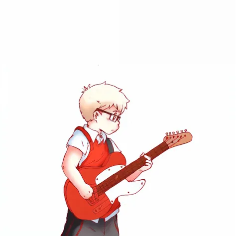 Cartoon boy with glasses playing a guitar and wearing a vest, solo de guitarra, inspirado em Unichi Hiratsuka, Toru Narita, rocking out, guitarrista, Akihiko Yoshida!, inspirado em Akihiko Yoshida, Umamusume, Preso em casa, playing the guitar, red sunglass...