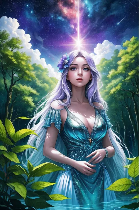 A surrealist one、Otherworldly、Illustration of the super sky scene，Including a huge crystal tree all over the body、Very detailed and magical lighting、Intricate forest details、Vegetation and surrounding rivers、Solar punk、scenecy、giant tree、Beautiful green le...