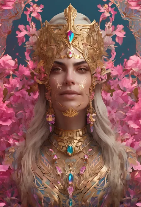 (chromaV5:1.2) (symmetry:1.1) (portrait of floral:1.05) a woman as a beautiful goddess, (assassins creed style:0.8), pink and gold and opal color scheme, beautiful intricate filegrid facepaint, intricate, elegant, highly detailed, digital painting, artstat...