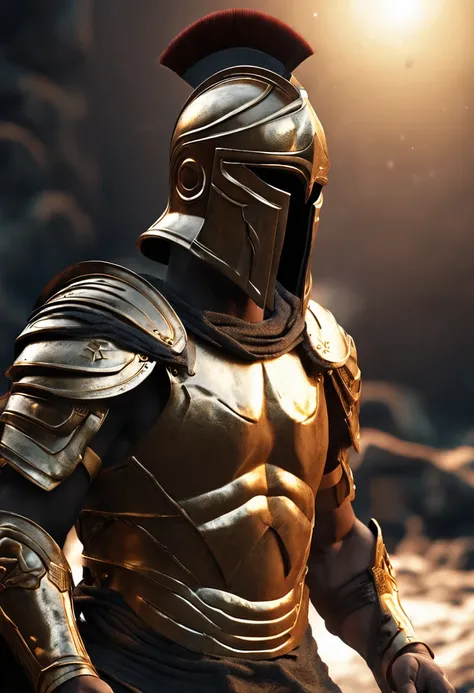 spartan warrior, gold armour,  no face, black background, epic, 8k, realistic