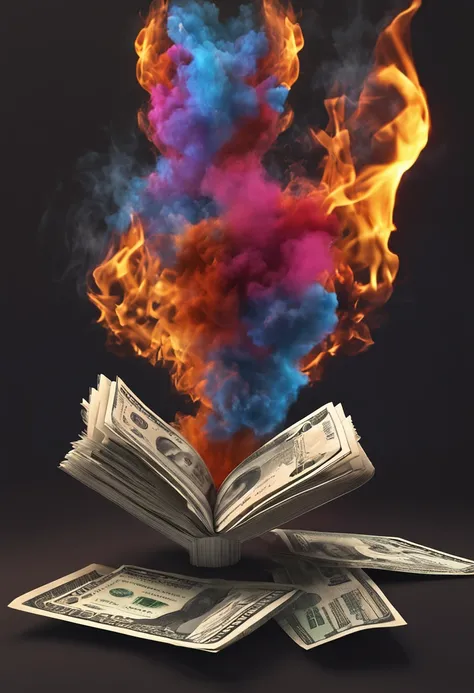 (Professional 3D rendering:1.3) de (Realistic:1.3) Foto de arte mais bonita do mundo, features money on fire with black background and investment charts, dinheiro em reais brasileiros, realistic fire with smoke, dinheiro com textura de papel