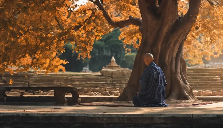 A Buddhist monk in meditation under the shade of an ancient tree in a quiet garden, rosto de perfil, roupa clara