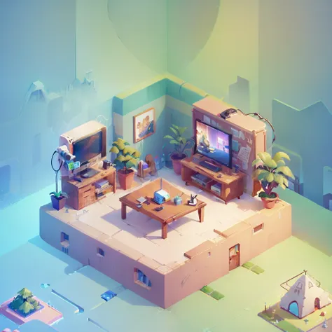 (Isometric perspective:1.5),(Pixar style:1.2), Room, bed, sofa,(small bonsai:0.8),desk lamp, TV, mural, 3D,Disney,Panoramic photo,White background, solid background,Global illumination, raytracing, modeling,HDR,octane render,unreal render,behance,dribbble,...