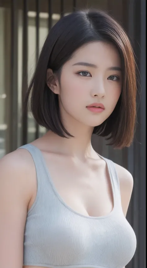 ((Best quality, 8K, Masterpiece :1.3)), Sharp focus :1.2, Pretty Women with Perfect Figure :1.4, Slender abs :1.2, ((layered haircuts, Big breasts :1.2)), (Tank top shirt :1.1), (street :1.2), Highly detailed face and skin texture, Detailed eyes, 二重まぶた，