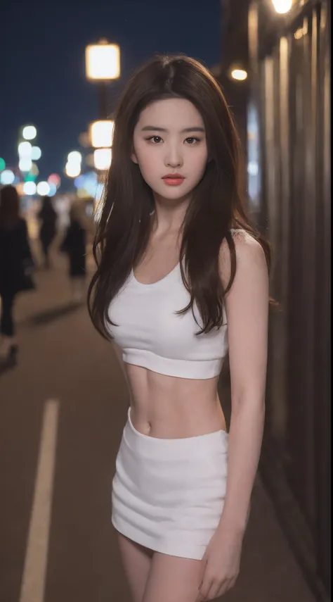 ((Realistic lighting, Best quality, 8K, Masterpiece: 1.3)), Clear focus: 1.2, 1girl, Perfect Figure: 1.4, Slim Abs: 1.1, ((Dark brown hair)), (White crop top: 1.4), (Outdoor, Night: 1.1), City streets, Super fine face, Fine eyes, Double eyelids,