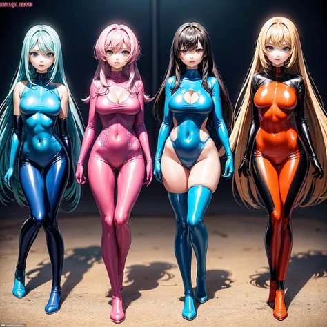 Four beautiful girls，Wearing a colorful tight-fitting latex suit，Except for the face, all parts of the body are tightly wrapped，Big chest，The legs are slender,sideways standing