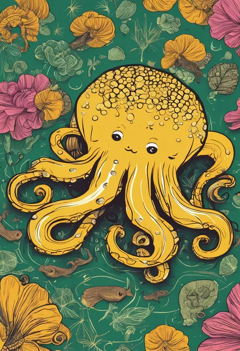 Create an image of a yellow octopus like Garfield on a green background