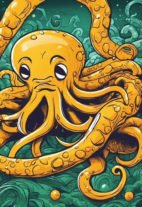 Create an image of a yellow octopus like Garfield on a green background