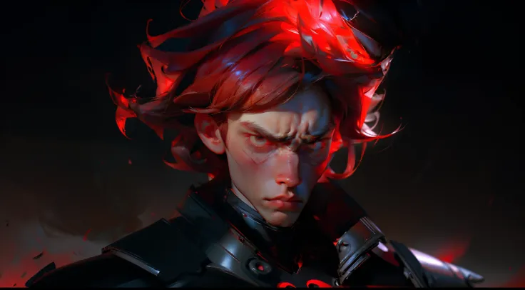 (extremely detailed 8k wallpaper) masculine man, handsome face, red eyes, deadly stare, black gold armor, full of rage, chaos, red hair, muscular, has a gloomy aura, his figure transmits rage and revenge, dramatic, flat background color, illustration, high...