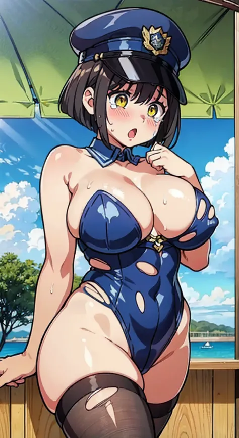 (Perfect body),Best Quality,masuter piece、(8K Portrait),(Official art)、((Police Woman)),((Police Hat))、(blush),((Sweat)),((((large udder))))、(Teenage woman)、(Dark hair),((bob cuts))、Yellow eyes,(thick thighs)、(Cowboy Shot)、((Navy Blue High Leg ))、((((( Pro...