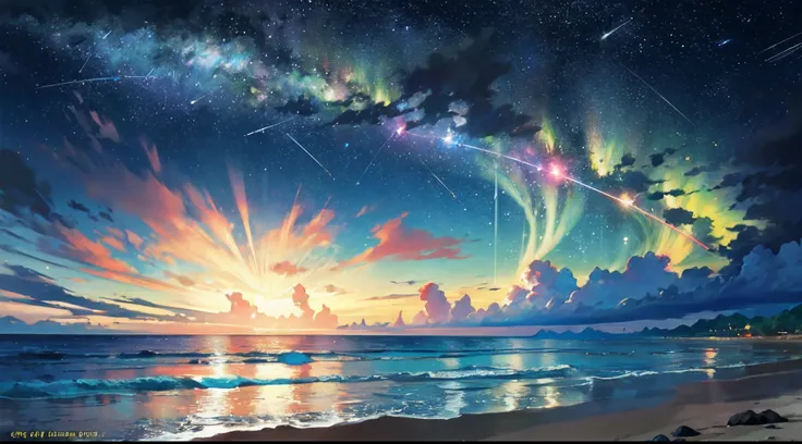 (zoom:1.1), (meteor shower:1.2), (comet:1.1), low angle, arora borealis, shooting star, top quality, masterpiece, clouds, colorful, southeast Asian beach, summer, seascape, small islands, fantasic world, fantasic lighting