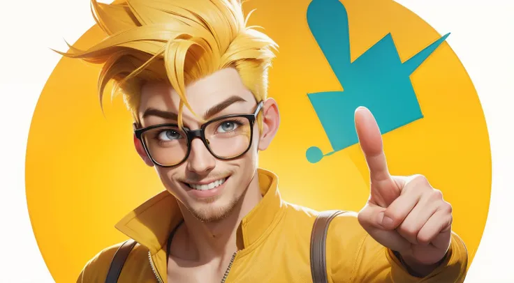 man with yellow quiff hair, wearing round glasses, yellow clothes, pointing out, happy expression,background with a field with trees and a curled blue sky,style of a Disney Pixar cartoon