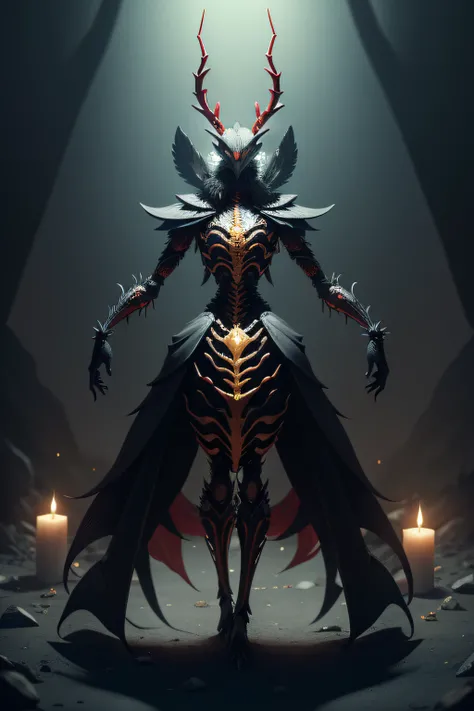 A humanoid creature，It has a human body and horse legs，Bone faceless sheeps head，The beak and feathers of a crow，red color eyes，Black bony shell，Tentacles of echinoderms，On the back grow swan wings，Black-red spine，A golden halo on his head，The antlers are ...