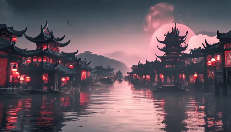 Middle Metaverse，Chinese Ghost Festival，Grey street of ancient buildings，On the blue river，There are lotus flowers shining in the light，The red Kong Ming lantern floats in the blank，Occasionally there are black figures，semi transparent，tmasterpiece，darkly ...