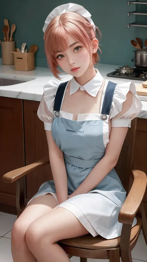 Close-up portrait of a girl playful maid, undercut hair, aprons, amazing body, Strong feminine characteristics, Busty, Kitchen, [Ashy blonde | Ginger | Pink hair], freckle, flirting with the camera, Full body view. Sit in a small chair