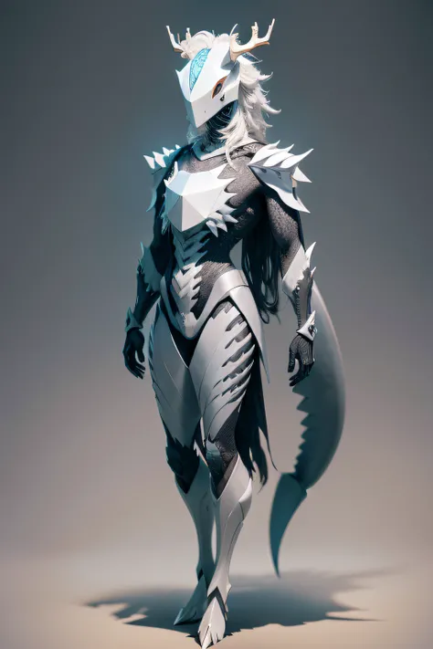 A humanoid creature，Bony faceless sheeps head，Gray antlers，The dorsal fin of a shark，It has the spine of a fish，Silver bony shell，The chest is inlaid with large colored crystals