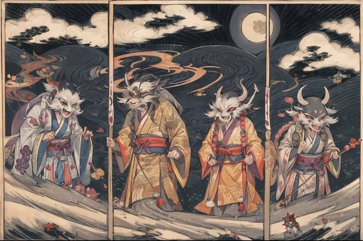 Do not go out at midnight. They appear in a line with torches in the moonlight that peeks through the clouds. Various Japanese sprits, Various Japanese demons, Heian-kyo, Japanese folklore, yokai, processions, Various Japanese monsters, Unattended, ukiyoe,