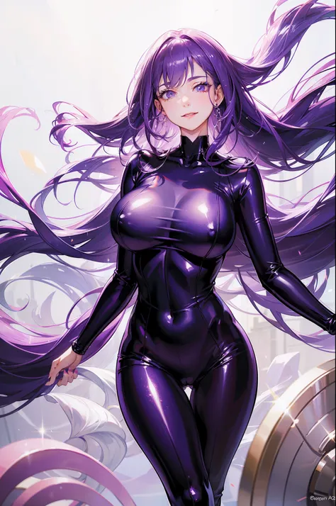 masterpiece, best quality, beautiful detailed hair detailed face, perfect feminine face, big almond-shape eyes, smile, happy, a beautiful and cute girl with sparkling and glowing purple hair, huge breasts, latex bodysuit wearing, long sleeves, purple latex...