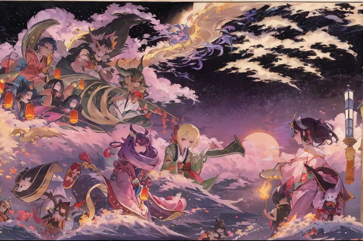 Do not go out at midnight. They appear in a line with torches in the moonlight that peeks through the clouds. Various Japanese sprits, Various Japanese demons, Heian-kyo, Japanese folklore, yokai, processions, Various Japanese monsters, Unattended, ukiyoe,