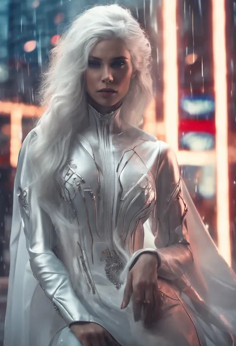 arkonidina, red iris, White hair Create a stunning portrait of a beautiful woman in a futuristic setting. It is set against the backdrop of a mysterious city embraced by stars and smoke, representando a prosperidade. Sua pele de porcelana brilha, radiating...