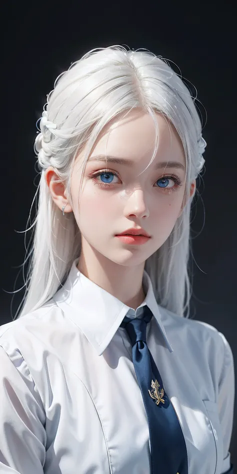 1girll, White hair, Blue eyes, Portrait, Realistic, side-lighting, the wallpaper, school uniform,