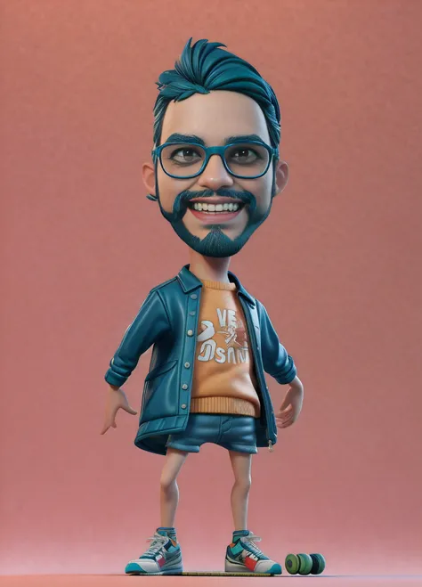 Cartoon man with beard and glasses on a skateboard, 3 d demo carretel avatar, Personagem 3D, Personagem 3D, Artista 3D, charicatura, Estilo de caricatura, 3 d character render, Personagem altamente detalhado, para alugar artista 3d, caricature illustration...