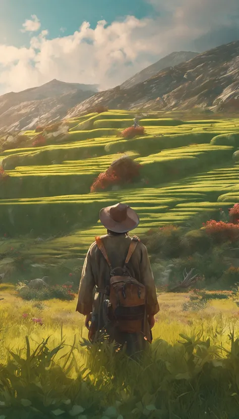 (Extremely detailed Cg Unity 8K wallpaper), Complete photo of the most beautiful artwork of fat rabbit in straw hat, Green meadow, Sunny day, Optimism, Professional majestic oil painting by Ed Blinkey, atey ghailan, by Ghibli Studio, author：Jeremy Mann, Gr...