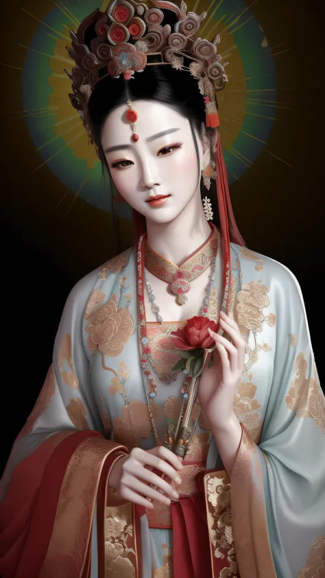 a close up of a statue of a woman holding a flower, ancient chinese beauties, ancient chinese goddess, ancient chinese princess, guanyin, chinese empress, guanyin of the southern seas, ancient china art style, a beautiful fantasy empress, beautiful render ...