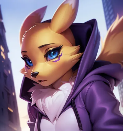 renamon, furry female, anthro, fox girl, portrait, close-up,  (hoodie:1.2),  fur trim, solo, (body fur:1.2), (best quality), (de...