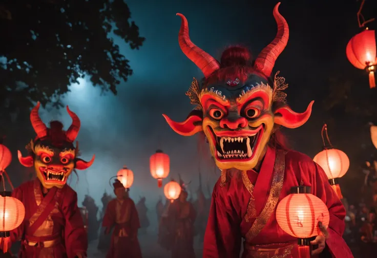 "A mesmerizing and haunting portrayal of the Night Parade of One Hundred Demons – a masterpiece with impeccable quality, depicting a mystical and ethereal atmosphere. Capture the essence of the parade with intricate details, immersive lighting and shadows,...