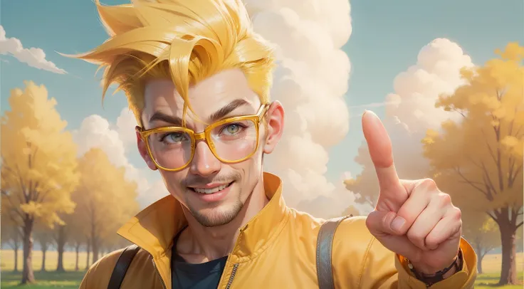 man with yellow quiff hair, wearing round glasses, yellow clothes, pointing out, happy expression,background with a field with trees and a curled blue sky,style of a Disney Pixar cartoon