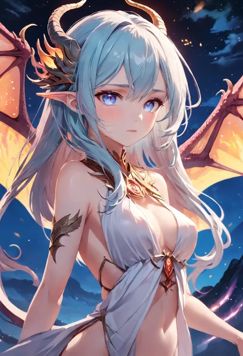 Explore"Dragon Maiden"Unique charm，A beautiful girl of the ancient wind dragon clan,Heterochromia in both eyes,Slender and delicate body,A flowing posture suspended in the air,Brilliant dragon scale skin,Dragon wings unfold,The night sky is shining with st...