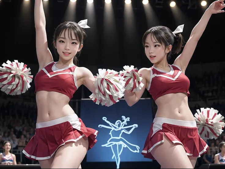 Beautiful cheerleaders dancing on stage、Draw an energetic and vibrant performance。