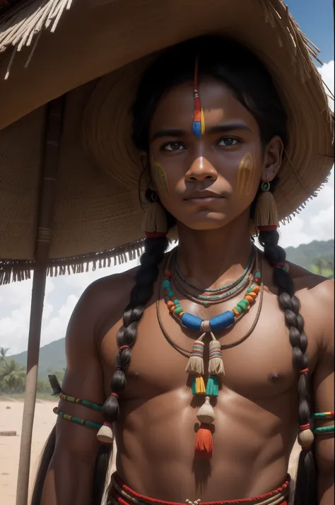 obra prima, alta qualidade , cacique da tribo ,Homem , chefe da tribo ,  guerreiro , rosto detalhado , Cinematographic photo , Brazilian indigenous tribe , INDIAN, muito detalhado , ambiente detalhado , Typical houses, indigenous paintings on the face , De...