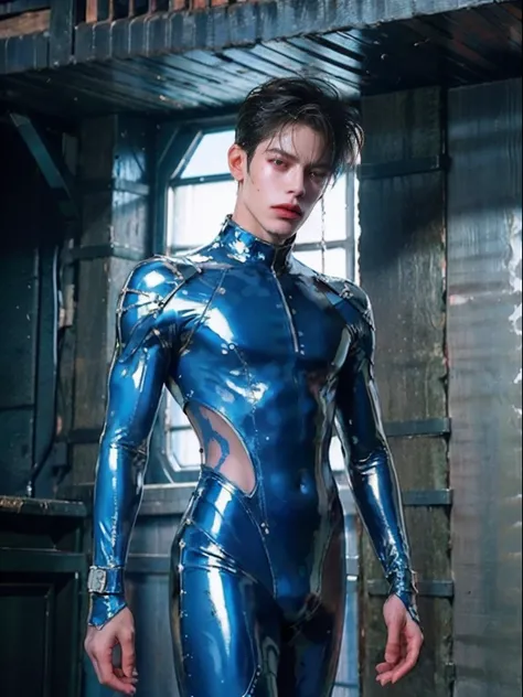 shinji，are standing，Trapped in a swamp，mud ground，Swamp traps，full bodyesbian，Sunny and handsome，Muscular body，large muscle，fully body photo，One-piece latex garment，latex shiny, latex legwear，latex glove，Shin Evangelion，Put it on the combat base，Blue tight...