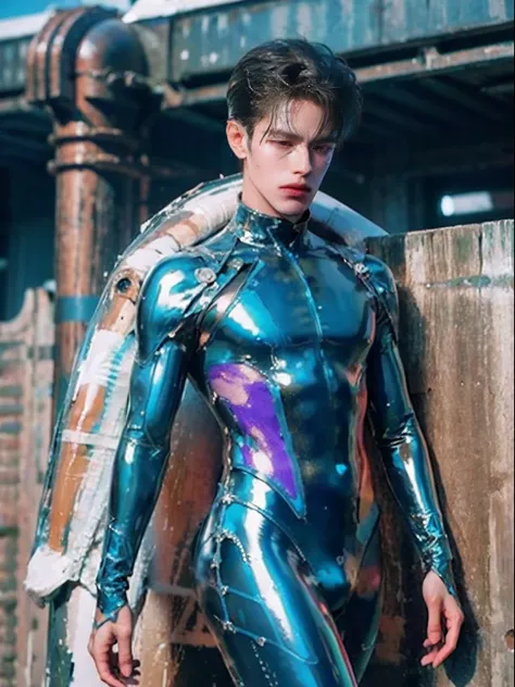 shinji，are standing，Trapped in a swamp，mud ground，Swamp traps，full bodyesbian，Sunny and handsome，Muscular body，large muscle，fully body photo，One-piece latex garment，latex shiny, latex legwear，latex glove，Shin Evangelion，Put it on the combat base，Blue tight...