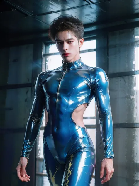 shinji，are standing，Trapped in a swamp，mud ground，Swamp traps，full bodyesbian，Sunny and handsome，Muscular body，large muscle，fully body photo，One-piece latex garment，latex shiny, latex legwear，latex glove，Shin Evangelion，Put it on the combat base，Blue tight...