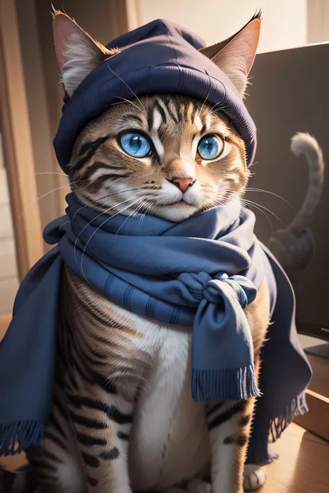 image of a cat with hat and scarf, art station trend, dressed in BLUE clothes, hyper realistic detailed rendering