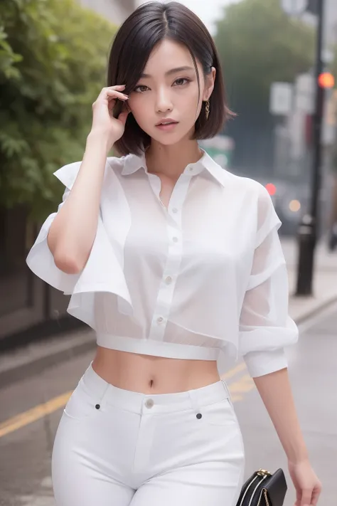 ((top-quality、8k、​masterpiece:1.3))、foco nítido:1.2、Beautiful woman with perfect body shape:1.4、Slim abs:1.2、((Layered Haircut))、(White long shirt with white buttons:1.1)、(rain、street:1.2)、wetbody:1.5、Highly detailed facial and skin texture、A detailed eye、...