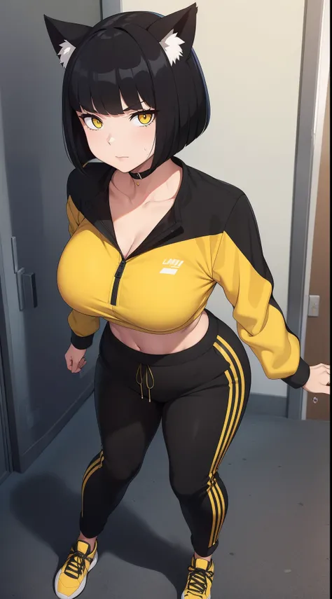 (masterpiece), best quality, perfect face, 1 girl, bob haircut, cat ears, black hair, yellow eyes, black-yellow tracksuit, looking at viewer, long black-yellow track pants, full body, adult, narrow eyes, detailed eyes, stomach showing, standing up, confide...